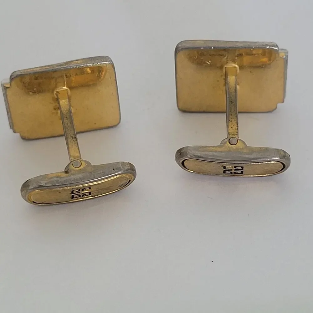 Givenchy Cufflinks Set Rectangle Gold Silver Tone Logo Vintage Designer Fair‎